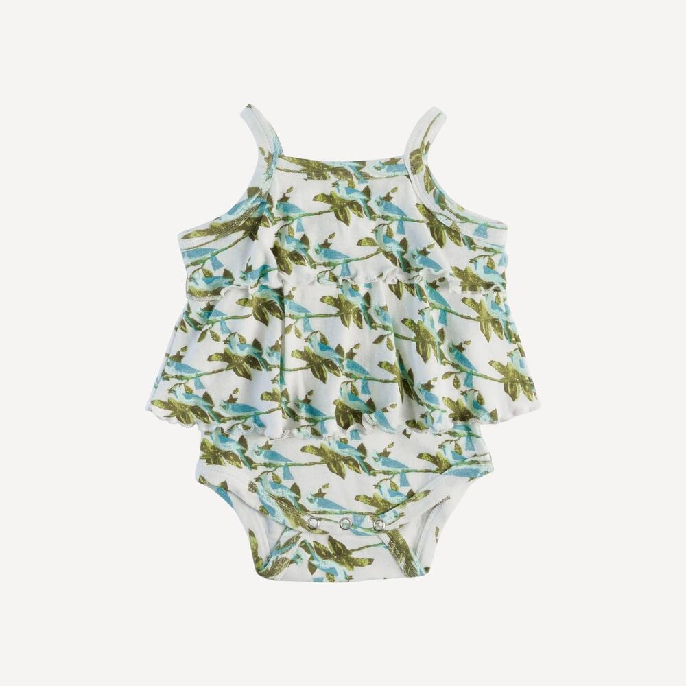 NWT Kate Quinn Sleeveless Ruffle Bodysuit Turquoise Bird Organic Cotton 0-3